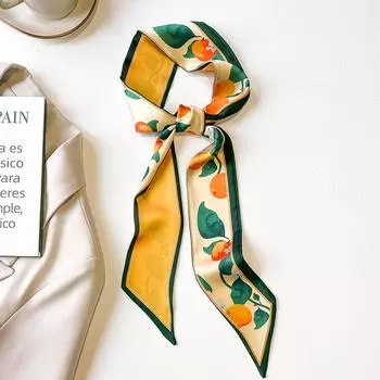Узкий и длинный шелковый шарф, ободок для волос, офисный женский шарф бежевый/зелёный