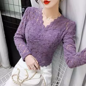 Узкий кружевной топ с V-образным вырезом и накладкой на грудь – женская футболка с длинным рукавом Extra Large фиолетовый