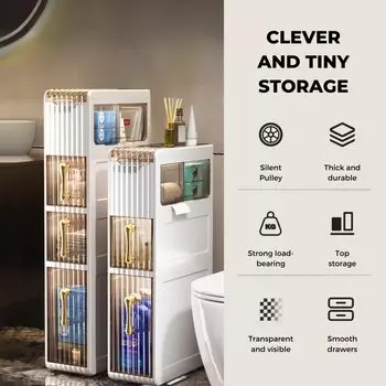 Узкий органайзер для ванной комнаты Дополнительный шкаф на колесиках, подходящий для узких помещений Боковой шкаф с 4 ящиками для туалетной бумаги S белый