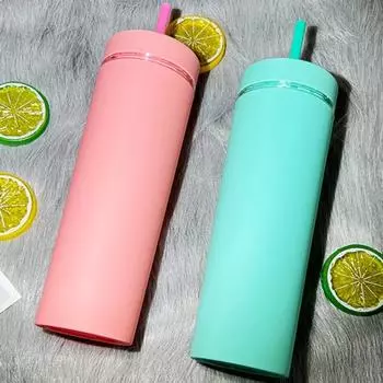 Узкий стакан Yousheng объемом 500 мл с крышкой и трубочкой, двухстенный непроливающийся стакан, не содержащий бисфенол-А, термокружка для путешествий, многоразовая для вечеринок со льдом 500ML розовый