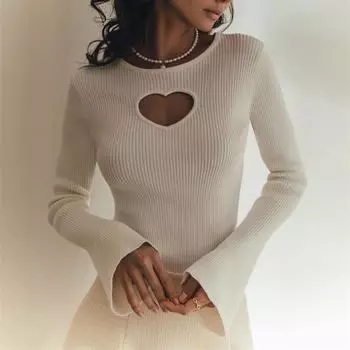 Узкий вязаный свитер с длинным рукавом Love Scoop, женская осенняя однотонная вязаная рубашка с баской сверху и снизу L белый