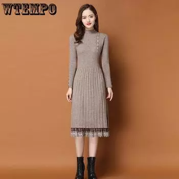 Узкое длинное платье-свитер женское весенне-осеннее трикотажное платье с длинными рукавами и высокой талией S бежевый