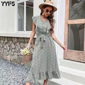 Узкое платье с принтом Зеленое платье с высокой талией S зелёный