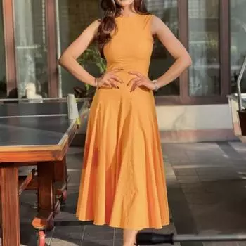 Узкое плиссированное длинное платье на молнии для женщин, элегантное платье без рукавов с О-образным вырезом и высокой талией, А-силуэт, женское модное вечернее платье XS жёлтый