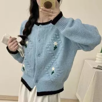 Узор крючком небольшой ароматный стиль контрастный цвет свитер куртка для женщин осень и зима корейский стиль мягкий восковой утолщенный трикотажный кардиган топ one size fits all оранжевый