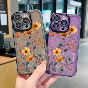 Узор кукурузы и мака с защитными линзами для iPhone 16 Pro 15 14 Plus 13 12 Pro Max 11 ударопрочный тонкий силиконовый мягкий прозрачный чехол iPhone 16 синий