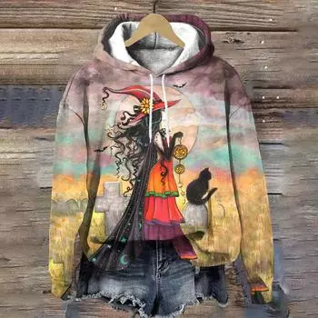 Узор мультфильма Хэллоуин Женская толстовка с капюшоном Осенняя женская одежда Топы Повседневные пуловеры с капюшоном Модные свободные женские толстовки S