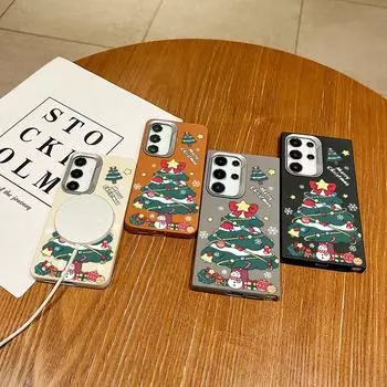 Узор рождественской елки для магнитного чехла Magsafe для Samsung S24 Ultra S23 S22 Plus S21 S20 Fe кожаная текстура противоударный мягкий TPU квадратный тонкий чехол Samsung S24 FE чёрный