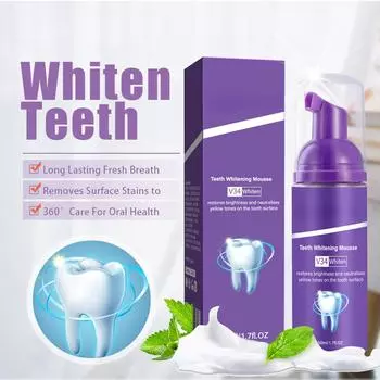 V34 Фиолетовый отбеливающий мусс для зубов, зубная паста, корректор, чистка зубов, свежее дыхание, эффективно удаляет желтый налет, пятно дыма 1pc