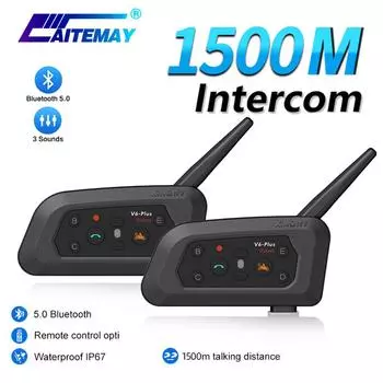 V6 plus Гарнитура для мотоциклетного шлема Bluetooth5.0 Беспроводная внутренняя связь Рация Громкая связь Музыка 1500M Переговорный коммуникатор для 6 гонщиков с двойным микрофоном 1PCS