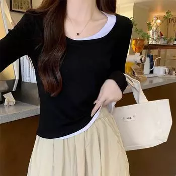 В этом году популярная женская футболка с квадратным воротником и длинными рукавами, состоящая из двух частей, открывающая ключицы, облегающая женская футболка на весну и осень S