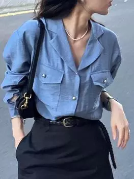 В этом году популярные популярные рубашки для женщин, ранняя осень, ретро, элегантный костюм, воротник, свободный дизайн, рубашка, французский топ S хаки