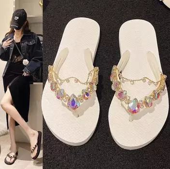 Вьетнамки для отдыха на открытом воздухе, женские, летняя мода 2024 года, женская пляжная обувь, роскошные женские тапочки на плоской подошве, украшенные стразами 35 белый