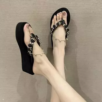 Вьетнамки на танкетке Плоские туфли Женские тапочки Мягкие блестящие шлепанцы Тапочки Женская мода Низкая платформа Гавайский комфорт 40 белый