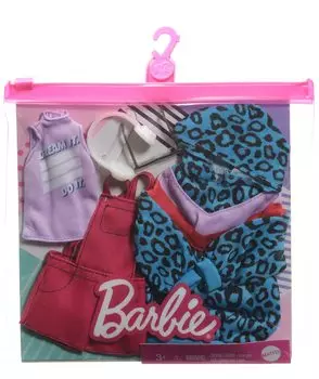 В комплект одежды для кукол Mattel Barbie входят: комбинезон с капюшоном и принтом красного цвета, аксессуары — 2 шт., платье с анималистичным принтом, топ и