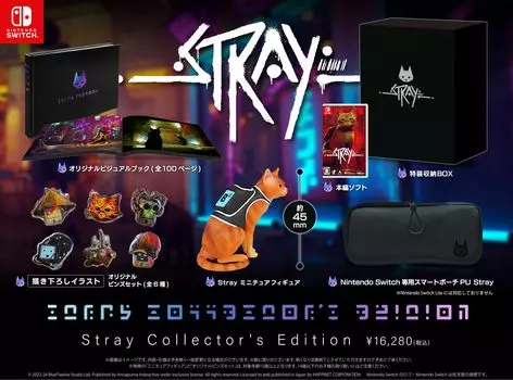 В комплект входит оригинальный резиновый брелок Stray Edition. Оригинальный набор миниатюрных значков Stray в виде иллюстраций на страницах оригинальной визуальной книги в элегантном чехле из ПУ.
