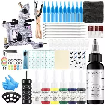 В комплекте 1 тату-машина, 6 цветов, пигмент, 60 мл, чернила для татуировки, аксессуары, ручки, наборы насадок, набор перманентных татуировок для тела