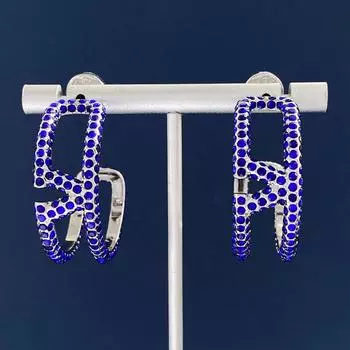 V Letter Blue Full Diamond C Stud Earrings Exaggerated Fashion Geometric Silver Earrings Ear Jewelry