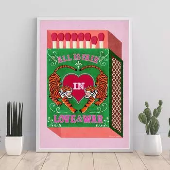 В любви и войне все справедливо. Настенное Искусство, Тигр, Спичечный Коробок, Картина на Холсте 21cm30cm NoFrame