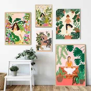 В медитации художественная печать йога леди растение иллюстрация дышит холст абстракция девушка цветок настенная картина для гостиной домашний декор 21x30cm No Framed