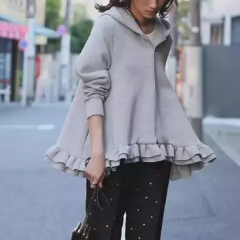 В наличии 2024 Японская толстовка с молнией и принтом листьев лотоса на подоле из коллекции осень/зима в японском стиле Medium серый