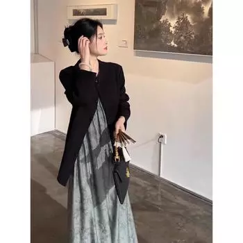 [В наличии] Комплект из двух предметов: куртка и юбка в китайском стиле для женщин больших размеров 6012 – весна/лето с национальным принтом 2XL