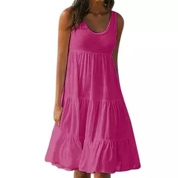 В наличии Летнее женское платье без рукавов со складками, 7 цветов, размеры S-5XL, Большой размер Имитация хлопка Однотонное 5XL