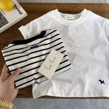 В наличии! Модная летняя японская полосатая футболка 2025 для малышей – полностью хлопковая, с коротким рукавом для мальчиков и девочек Size 120 белый