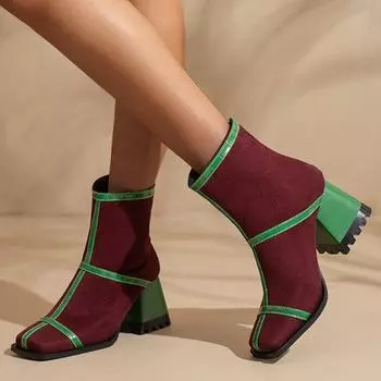 В наличии, отличное качество, лоскутные женские винтажные ботильоны, удобные прогулочные ботильоны с квадратным носком, обувь на каблуке
