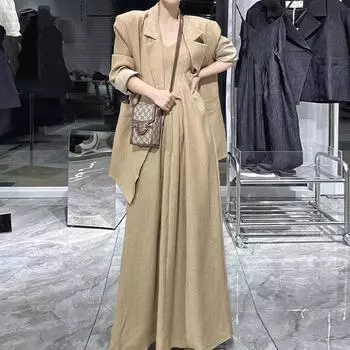 [В наличии] Свободная куртка и длинная юбка на подтяжках для женщин больших размеров на весну/осень, комплект из двух предметов S