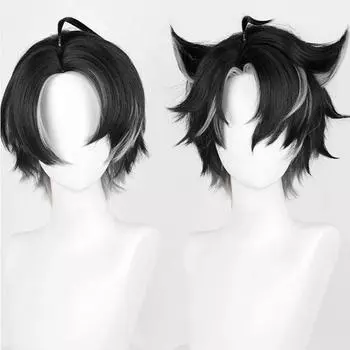 В наличии Wriothesley парик Game Genshin Impact косплей короткие черные седые волосы Fontaine Wriothesley косплей парик аниме парики + парик шапочка One Size