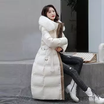 В наличии: Женская корейская приталенная куртка-пуховик средней длины с большим меховым воротником для осени и зимы XL кофейный