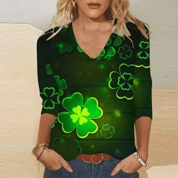V-neck 3D Clover Printed Top Fashionable Casual Long Sleeved Women s T-shirts S