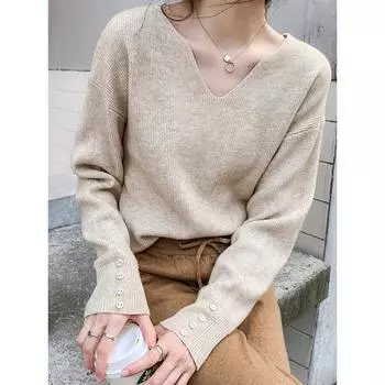 V Neck Autumn Winter Sweater Pullovers Women Loose Button Pullover Women Soft Sweater Jumper Fashion Tops One Size чёрный