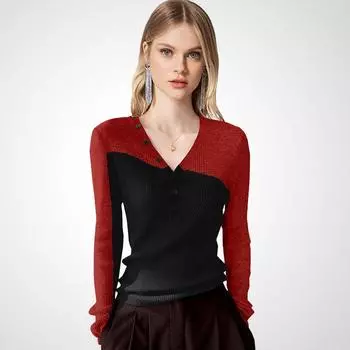 V Neck Chic Work Clothing Splicing Pullover Long Sleeves Knitwear Red color matching M