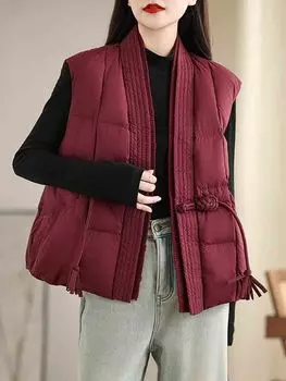 V-neck Chinese wind buckle 90 white duck down vest women s 2024 literary and leisure warm knitted splicing vest S