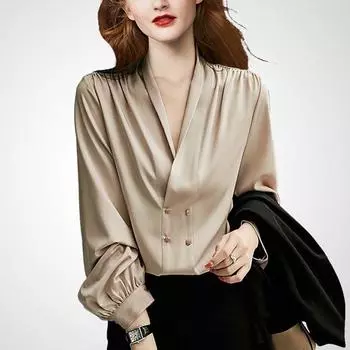 V Neck Fashion Double Breasted Autumn Niche Vintage Shirt Picture Color S