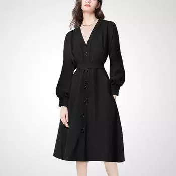 V Neck Fashion High Waist Temperament Mid Length Long Length Dress Black 2XL