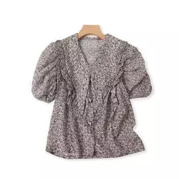 V-neck Floral Lantern Sleeve Shirt Summer New Arrival Button Cardigan Foreign Order Easiest for Match Fashion Women s Tops M/6-2 Coffee pattern L