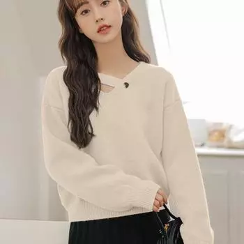 V-образный вырез внутренний свитер женский осень и зима новый ленивый стиль японский ретро короткий вязаный пуловер однотонный топ one size белый