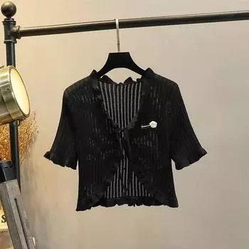 V-neck Knitted Cardigan Women s Short-Sleeved Summer Thin Ice Silk Ruffles Sun Protection Top Short Cape Suspender Skirt Black-Ruffles -830 short sleeve-flower M