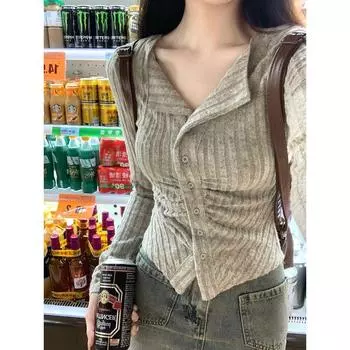 V-neck Knitting Early Spring Clothes Sexy Short Top Bottoming Shirt Curry color M
