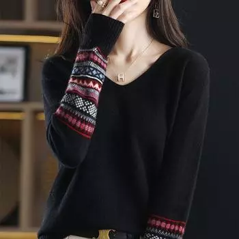 V-neck Knitwear Women s Temperament Sweater Knitted Sweater Fashionable Pullover with Inner Lining Top S бежевый