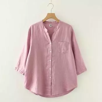 V Neck Linen Short Sleeve Shirt for Women 2024 Summer K-style Loose Anti-Aging Top Pure Color Cotton Linen Slimming Half Sleeve Shirt Rose Pink M 40.00 kg-60.00 kg
