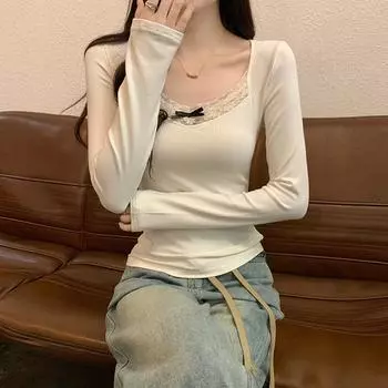 V-neck Long Sleeve Tops Bow Tees Shirts for Women Fashion Lace Splicing Shirts Autumn/Winter XL серый