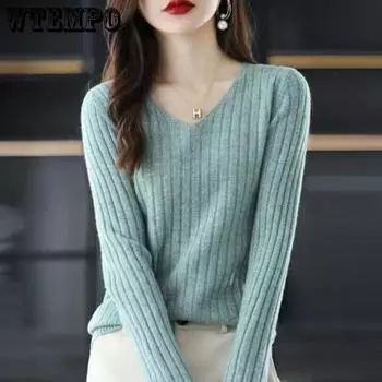 V-neck Long Sleeved Knitted Base Sweater for Women Slim Inner Layer Sweater Top Women s Knitted Sweater Solid Color Pullover Sweater One Size белый