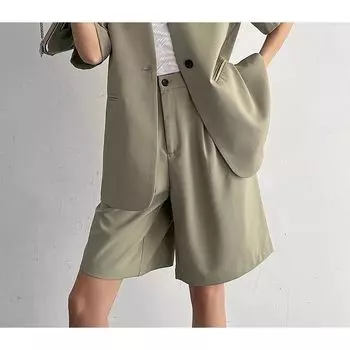 V Neck Niche Style High Street Thin Section Short Sleeve Suit Outwear Green shorts S (around 40.00 kg-50.00 kg)