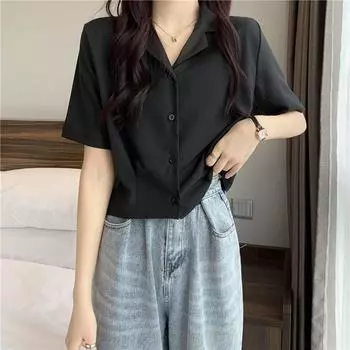 V-neck Niche Style Short Tops Business Chiffon Blouse Black All yards