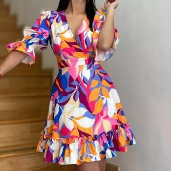 V-neck Printed Fashion Dress Spring Female New Arrival Fashion V Neck Print Fashion Dress Picture Color S