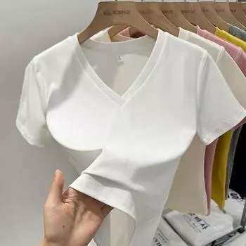 V-neck Short sleeve T-shirt Women Summer Women clothes 2025 Popular Small Shirt European Goods Short Shoulder Slim fit Inner wear Short Jacket White M